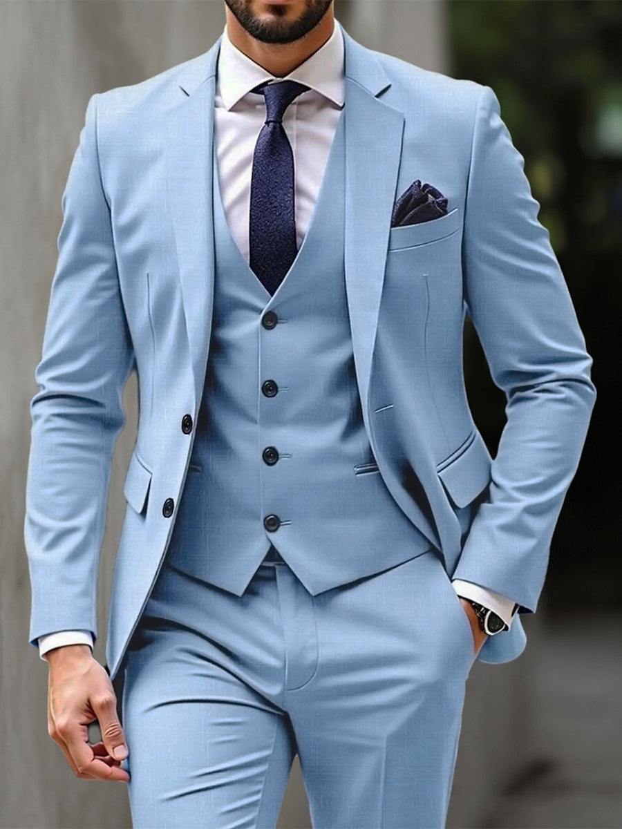 Men's Sky Blue Three-Piece Single-Breasted Two-Button Formal Wedding Suit