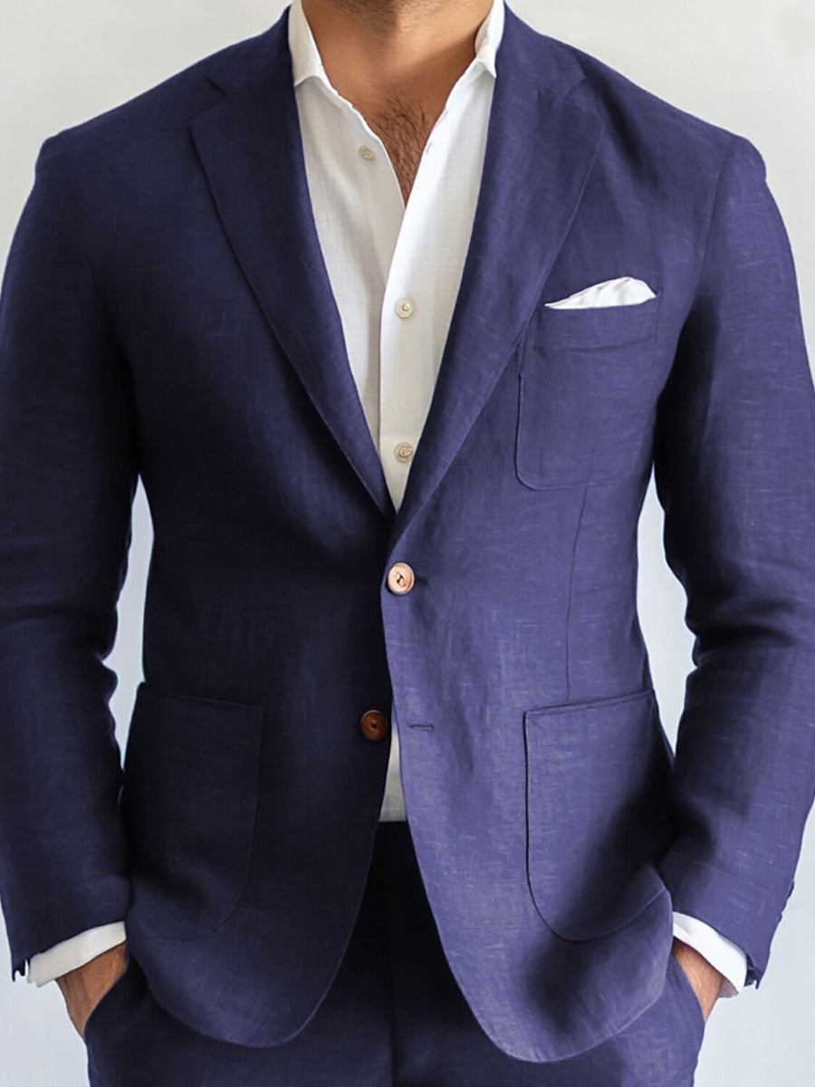 Men's Solid Navy Blue Two-Button Single Breasted Casual Business Suit Set