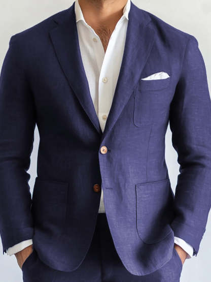 Men's Solid Navy Blue Two-Button Single Breasted Casual Business Suit Set