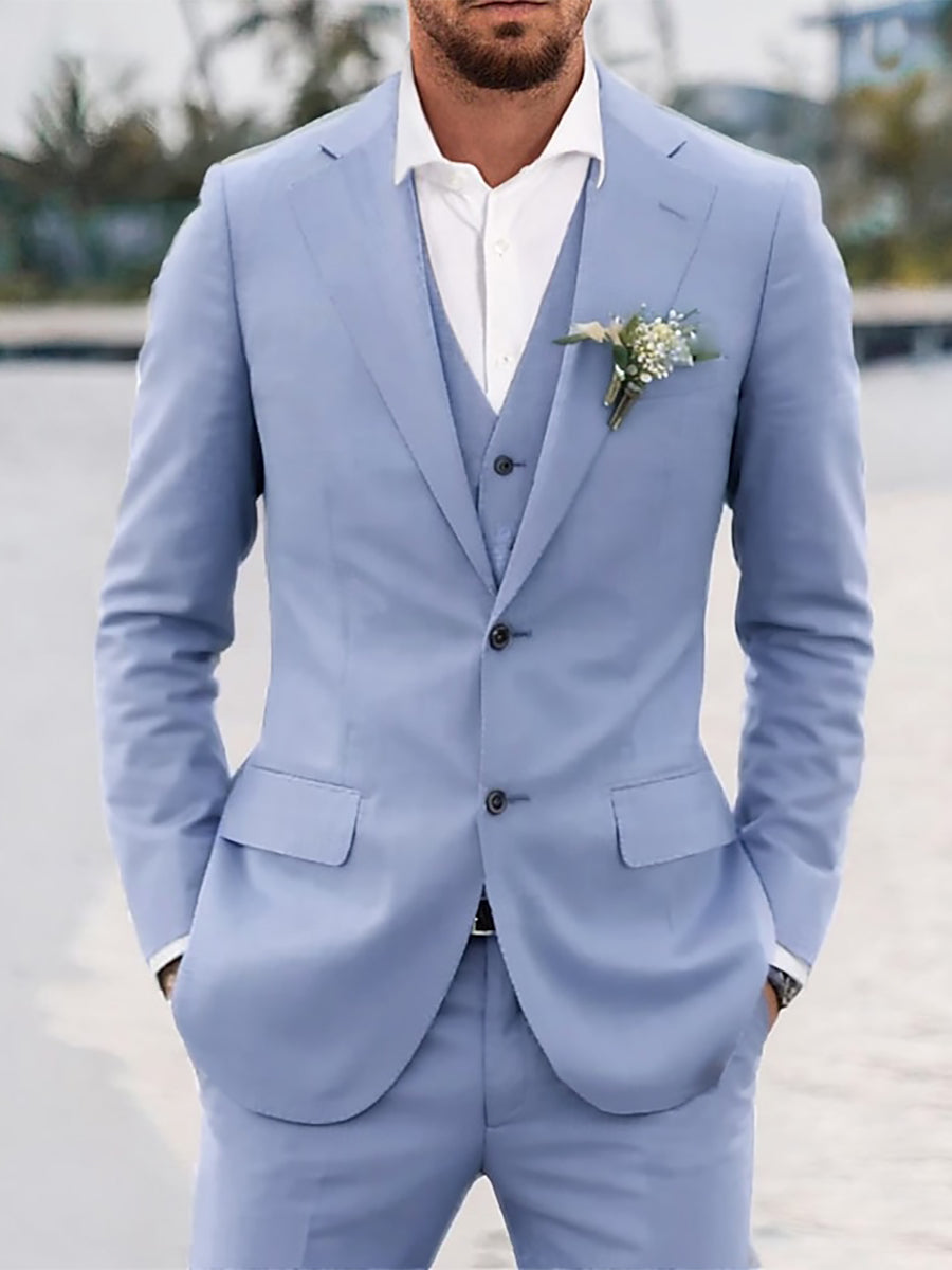 Tailored Fit Sky Blue Men's Two-Button Single Breasted 3-Piece Casual Business Suit
