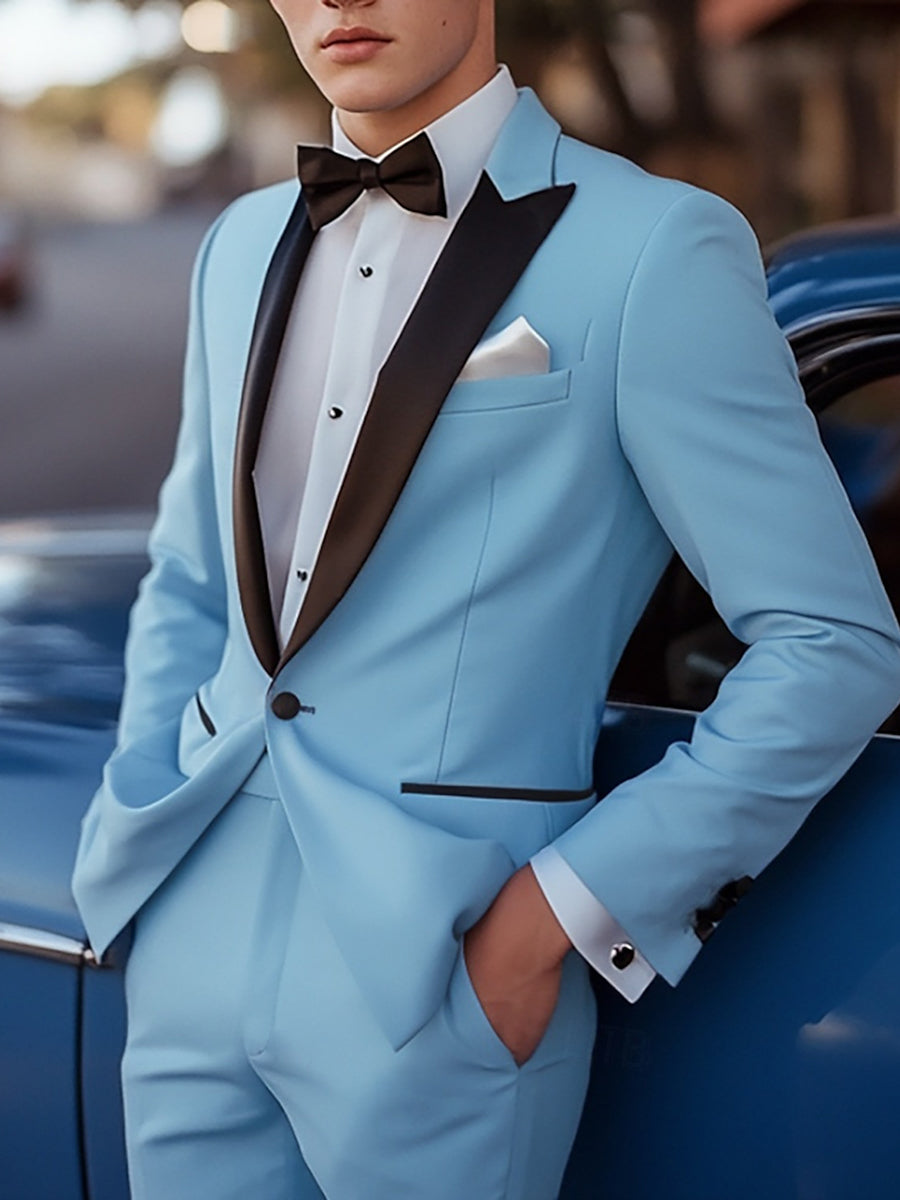 Standard Fit Sky Blue One-Button Single Breasted Suit For Men's Beach Weddings And Prom