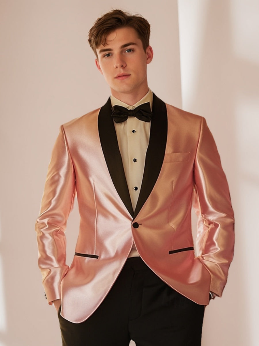 Single-Breasted One-Button Shawl Lapel Suit For Men In Pink And Black