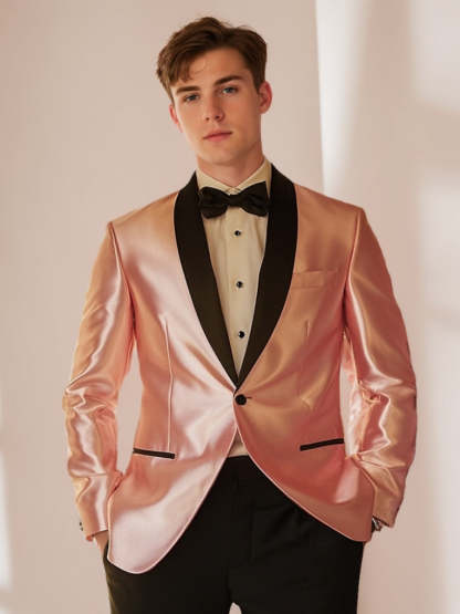 Single-Breasted One-Button Shawl Lapel Suit For Men In Pink And Black