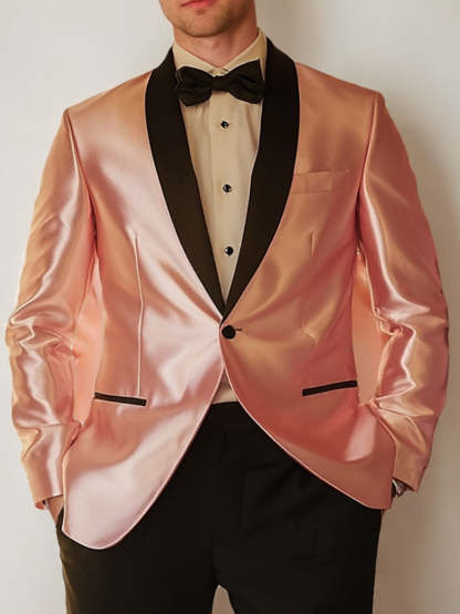 Single-Breasted One-Button Shawl Lapel Suit For Men In Pink And Black