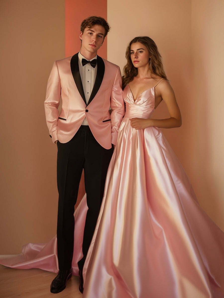 Single-Breasted One-Button Shawl Lapel Suit For Men In Pink And Black