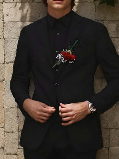 Black Two-Button Single-Breasted Notched Lapel Suit For Men's Wedding And Prom