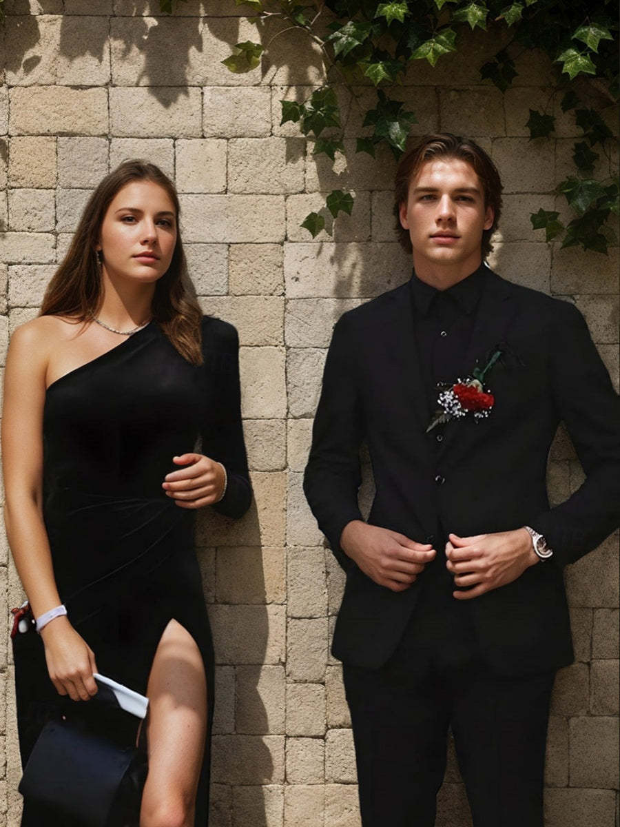 One-shoulder Sheath/Column Prom Dress with Ruched Detail and High-Low Split