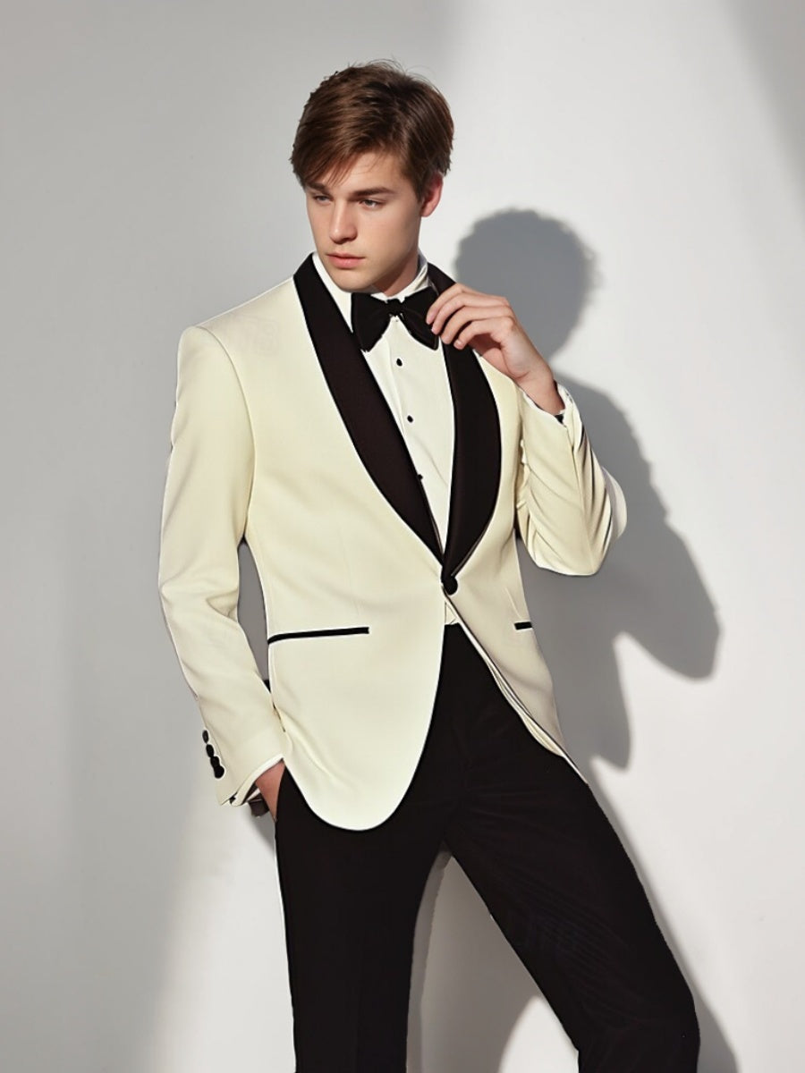 Single-Breasted Black And White Prom Suit With Shawl Lapel And One Button