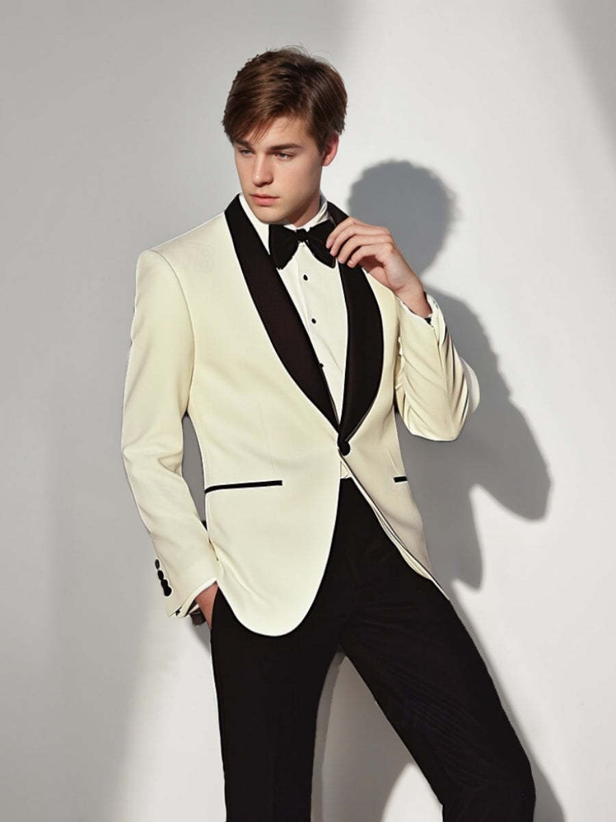 Single-Breasted Black And White Prom Suit With Shawl Lapel And One Button
