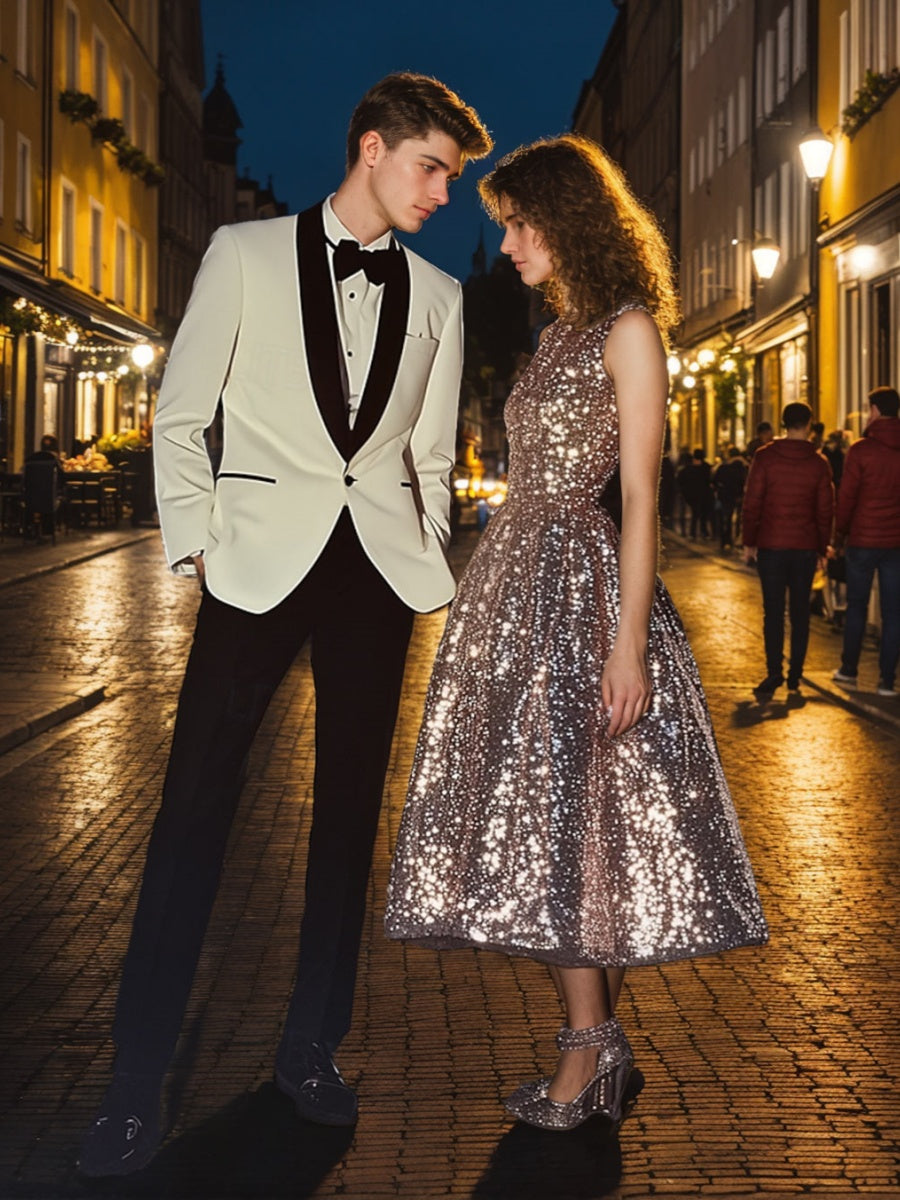 Single-Breasted Black And White Prom Suit With Shawl Lapel And One Button