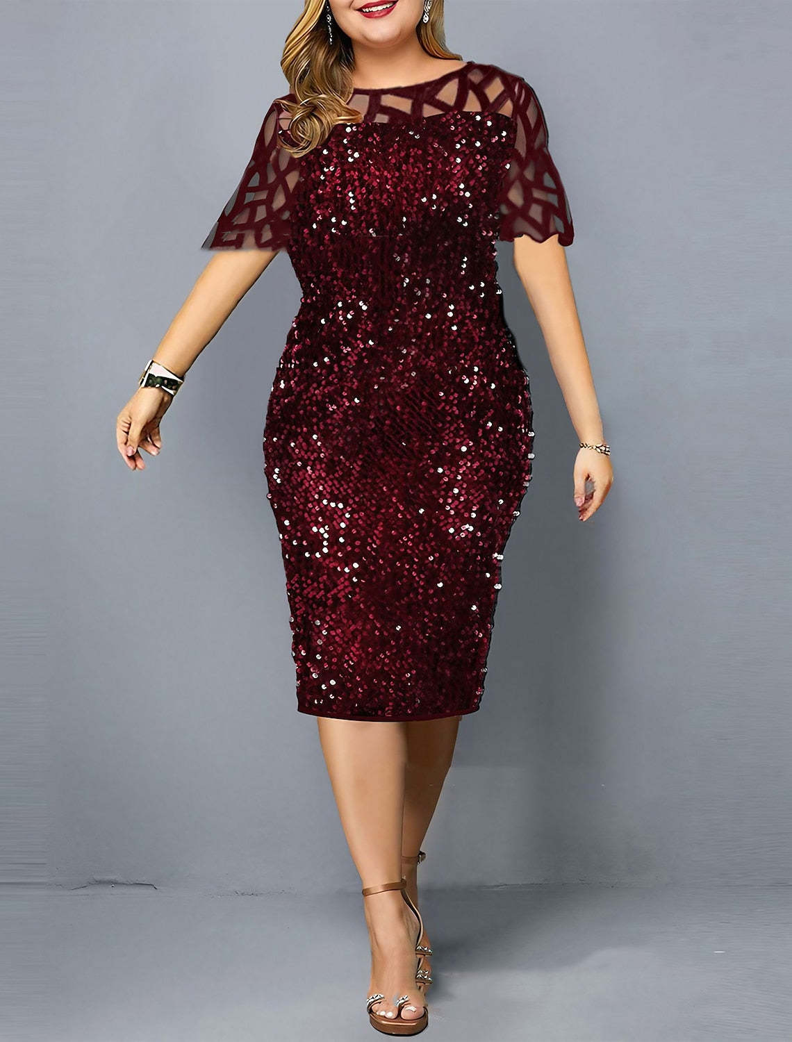 Plus Size Knee-Length Wedding Guest Dress with Round Neck and Half Sleeves Embellished with Sequins