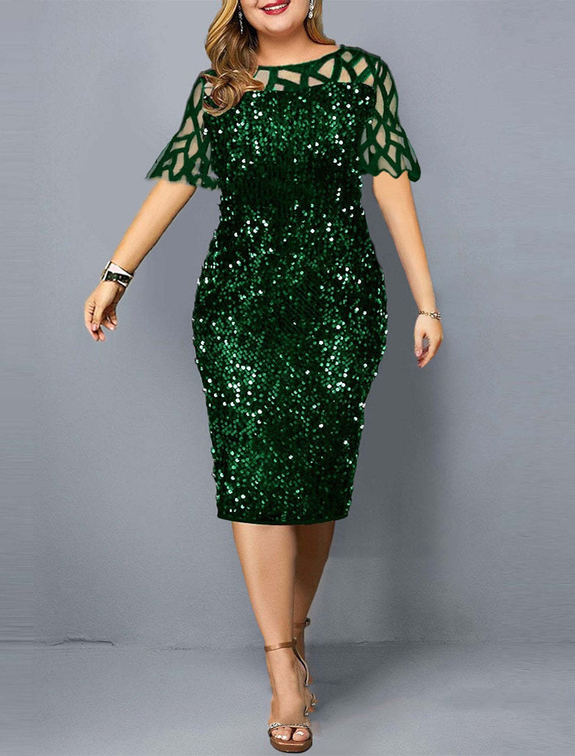 Plus Size Knee-Length Wedding Guest Dress with Round Neck and Half Sleeves Embellished with Sequins