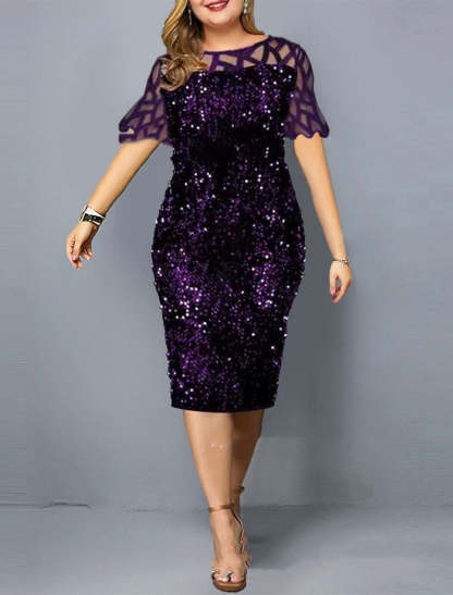 Plus Size Knee-Length Wedding Guest Dress with Round Neck and Half Sleeves Embellished with Sequins