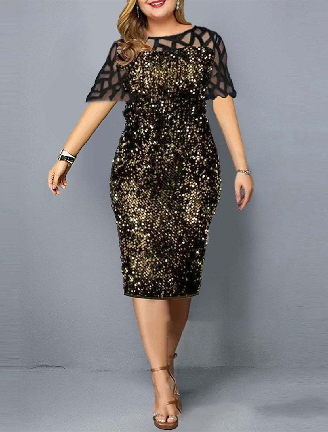 Plus Size Knee-Length Wedding Guest Dress with Round Neck and Half Sleeves Embellished with Sequins
