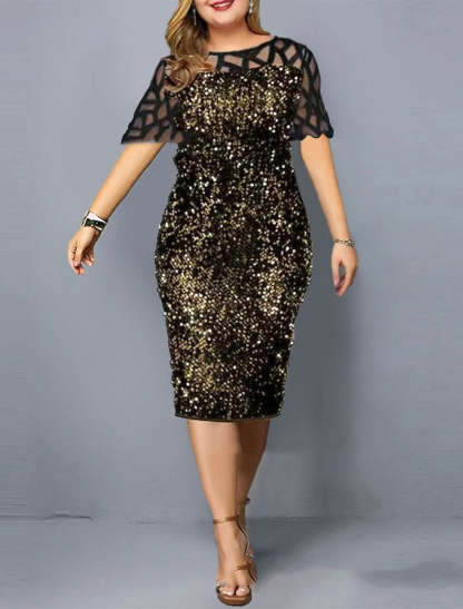 Plus Size Knee-Length Wedding Guest Dress with Round Neck and Half Sleeves Embellished with Sequins