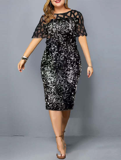 Plus Size Knee-Length Wedding Guest Dress with Round Neck and Half Sleeves Embellished with Sequins