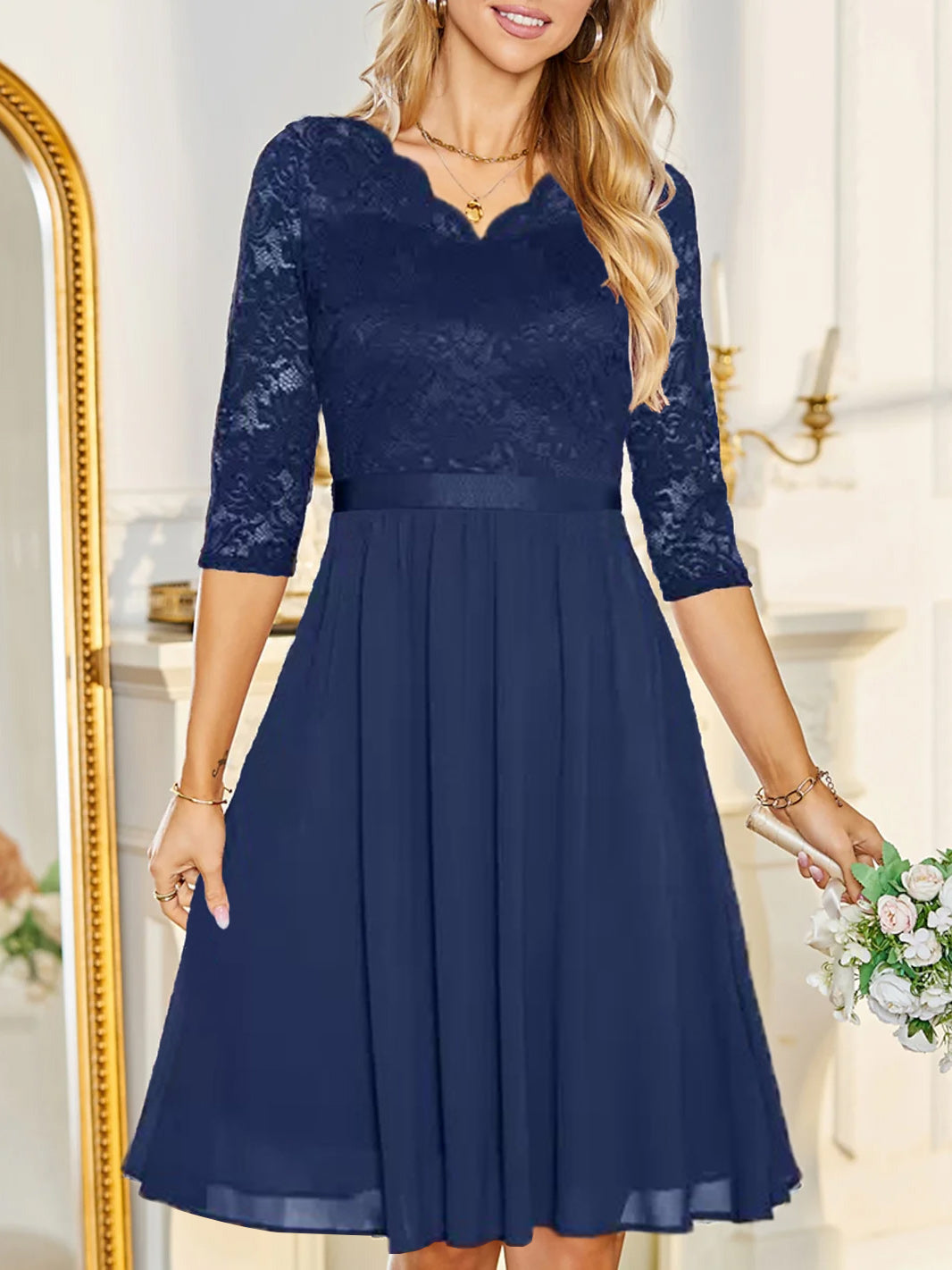 V-Neck A-Line Princess Cocktail Dress with Lace Applique for Wedding Guests