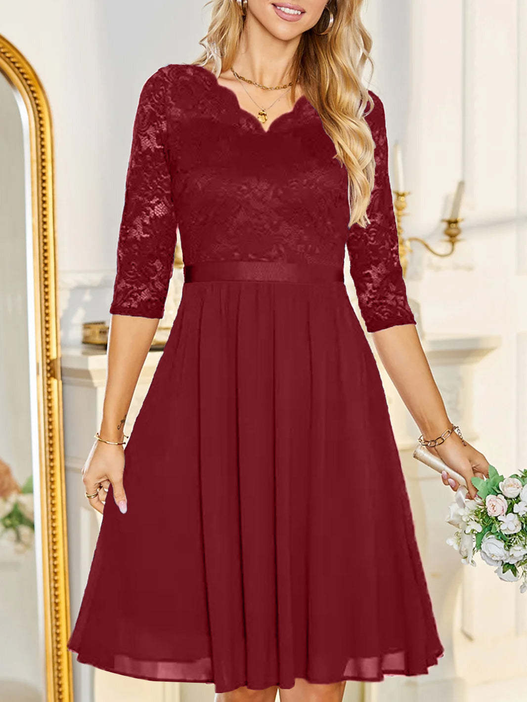 V-Neck A-Line Princess Cocktail Dress with Lace Applique for Wedding Guests