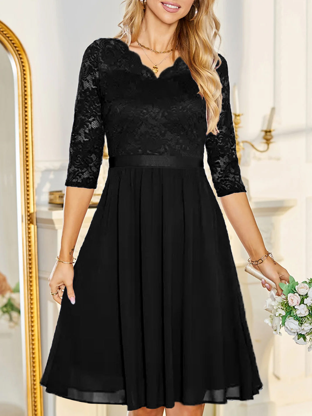 V-Neck A-Line Princess Cocktail Dress with Lace Applique for Wedding Guests