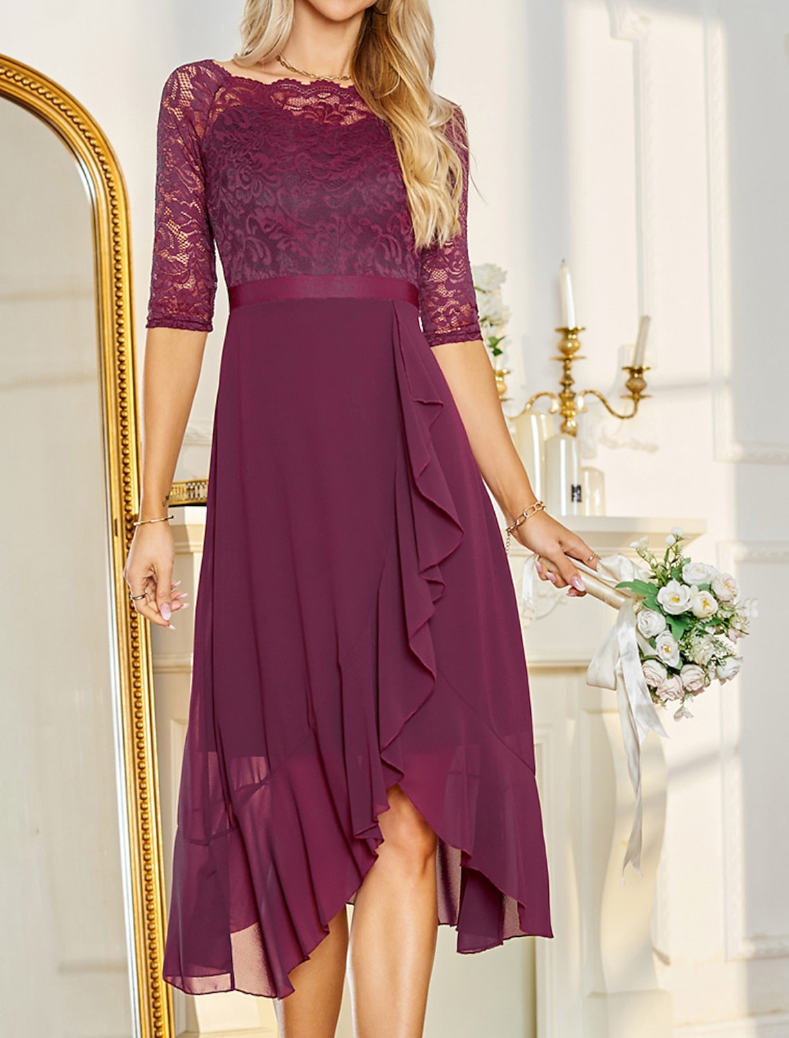Princess A-Line Scoop Neck Cocktail Dress with Lace Applique for Wedding Guests