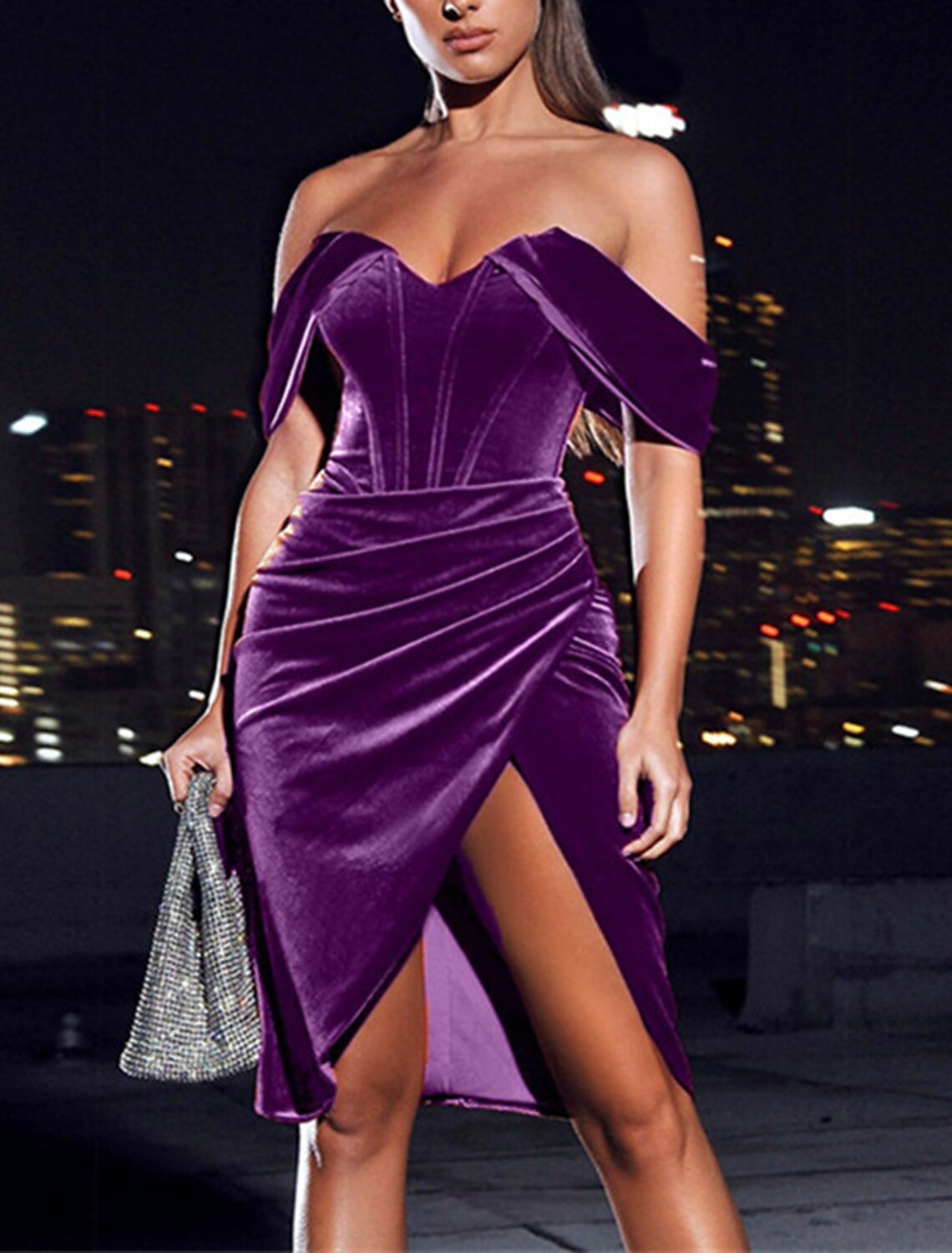 Off-the-Shoulder Velvet Wedding Guest Dress with Side Split - Sheath/Column Style