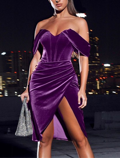 Off-the-Shoulder Velvet Wedding Guest Dress with Side Split - Sheath/Column Style