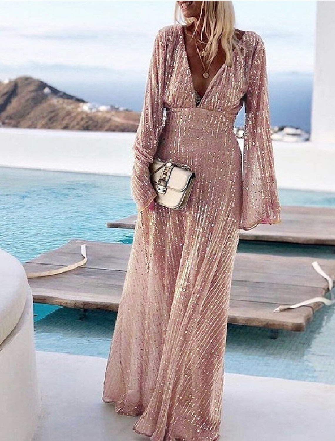 V-Neck A-Line Princess Prom Dresses with Long Sleeves and Sequins