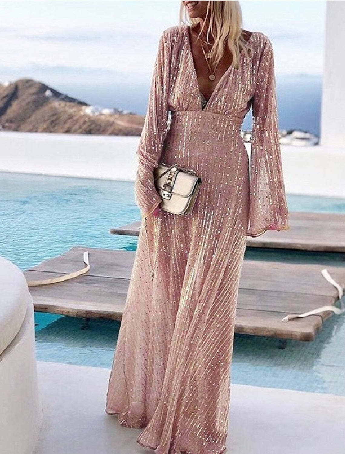 V-Neck A-Line Princess Prom Dresses with Long Sleeves and Sequins