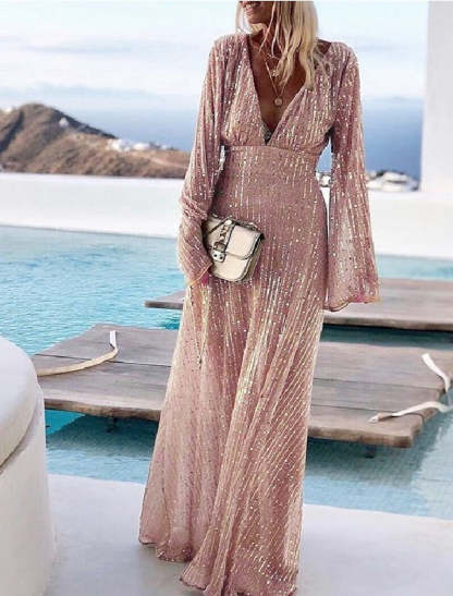 V-Neck A-Line Princess Prom Dresses with Long Sleeves and Sequins