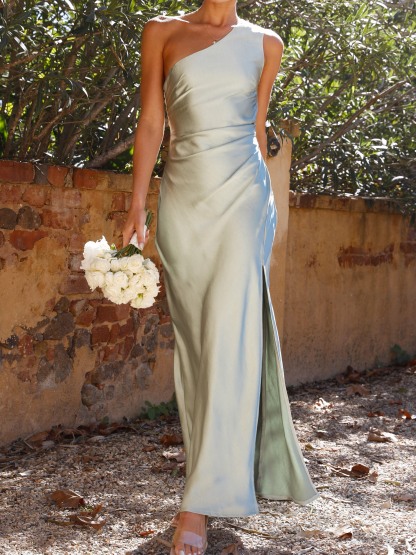 One-Shoulder Ankle-Length Sheath Bridesmaid Column Gown
