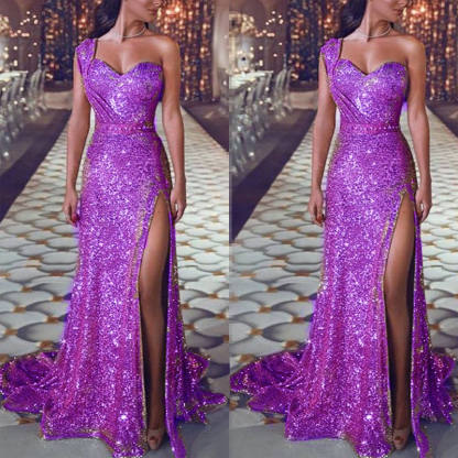 One-Shoulder Long Prom Dress with Side Split and Floor-Length Sheath/Column Design
