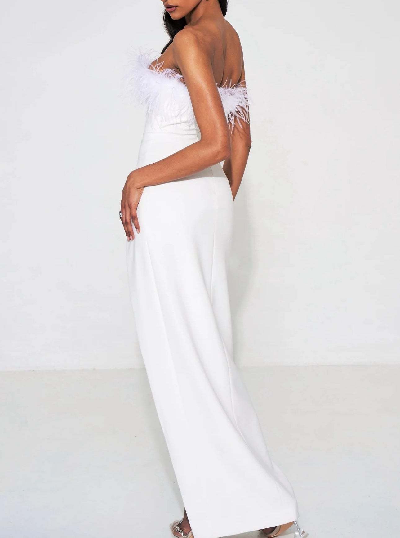 Strapless Floor-Length Sheath Dress with Side Split and Feather