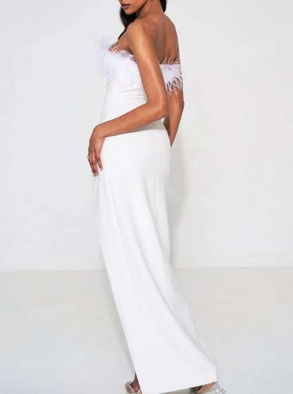Strapless Floor-Length Sheath Dress with Side Split and Feather