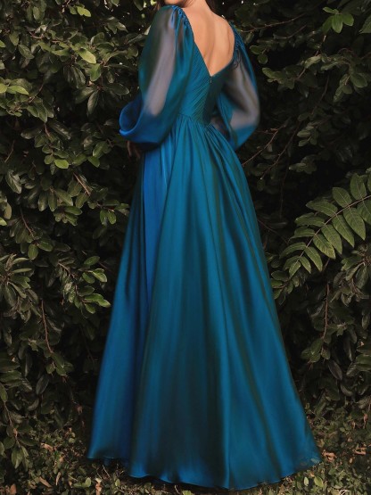 Floor-length A-Line Princess Dress with V-Neck and Long Sleeves