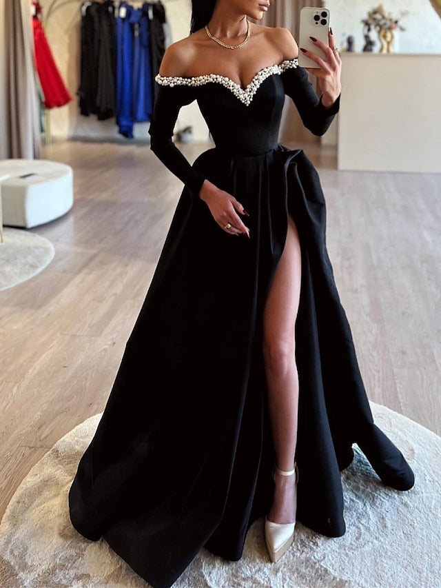 Off-the-Shoulder Ball Gown with Side Split and Beading Floor-Length Prom Dress