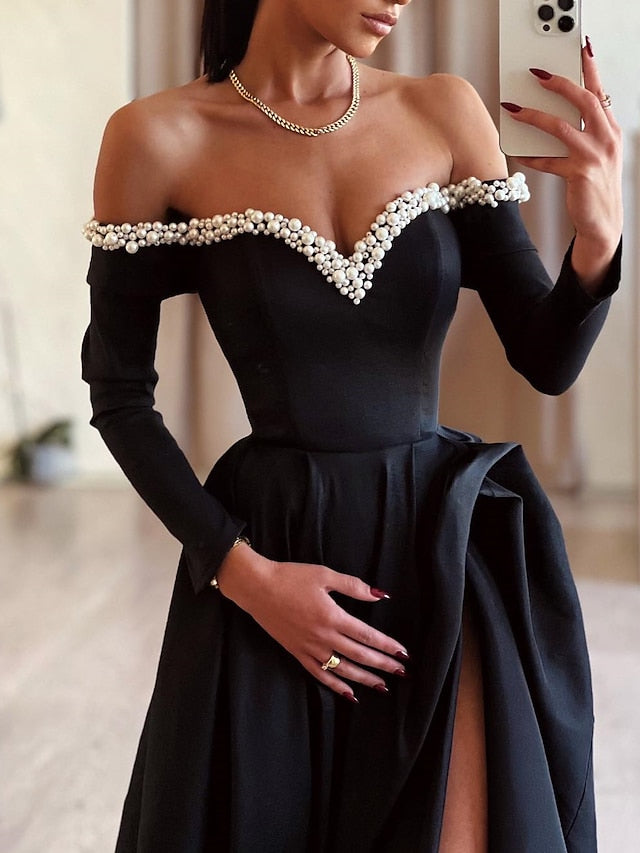 Off-the-Shoulder Ball Gown with Side Split and Beading Floor-Length Prom Dress