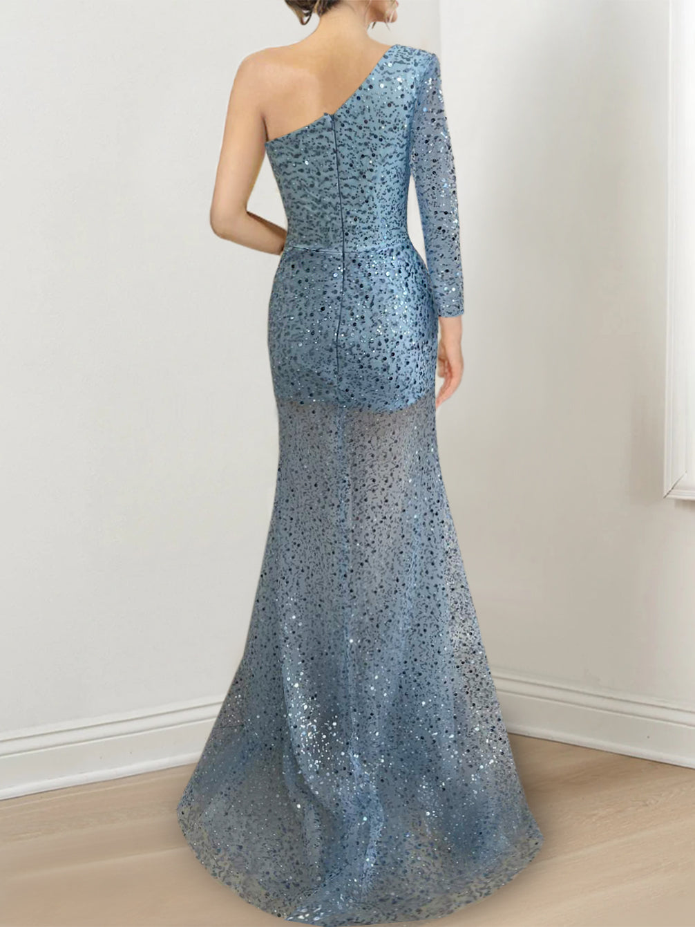 One-Shoulder Long Prom Dress with Sequins in Sheath/Column Style