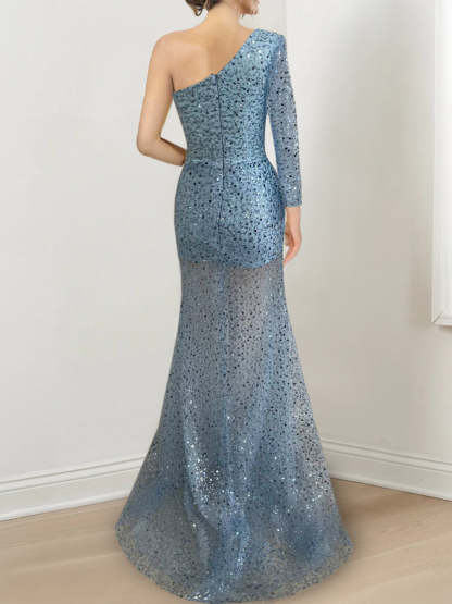 One-Shoulder Long Prom Dress with Sequins in Sheath/Column Style