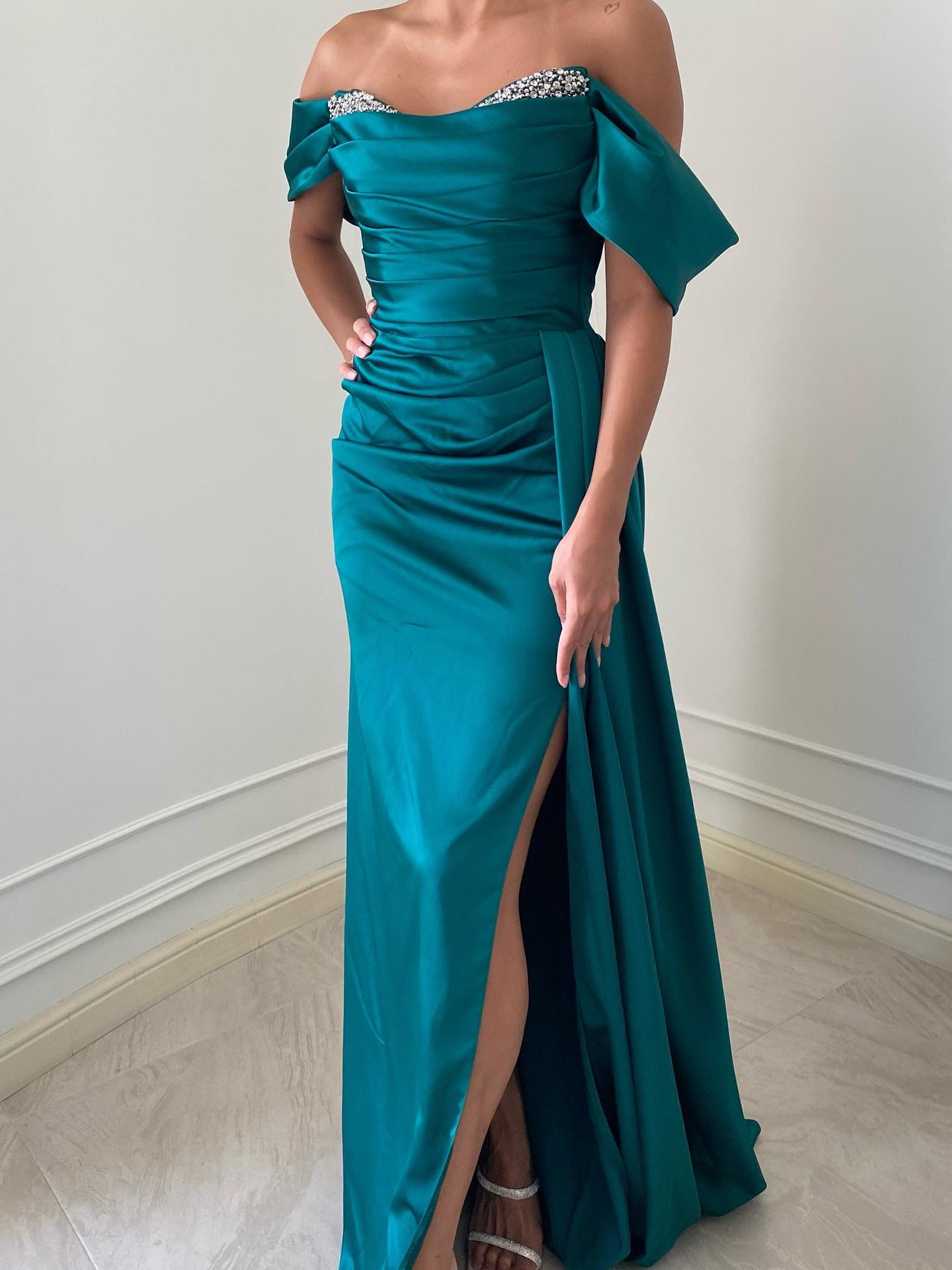 Off-the-Shoulder Floor-Length Sheath Dress with Side Split and Beading