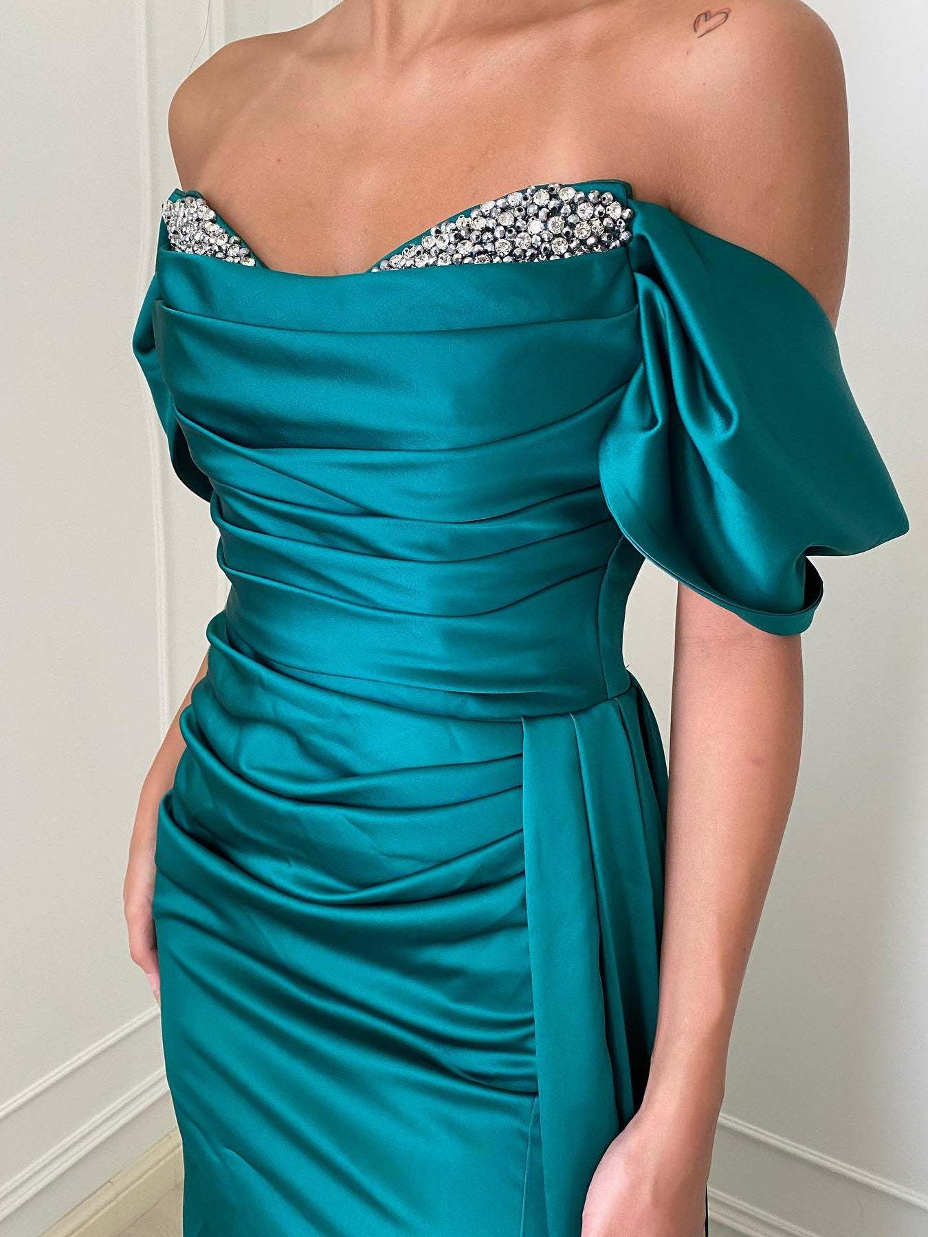 Off-the-Shoulder Floor-Length Sheath Dress with Side Split and Beading