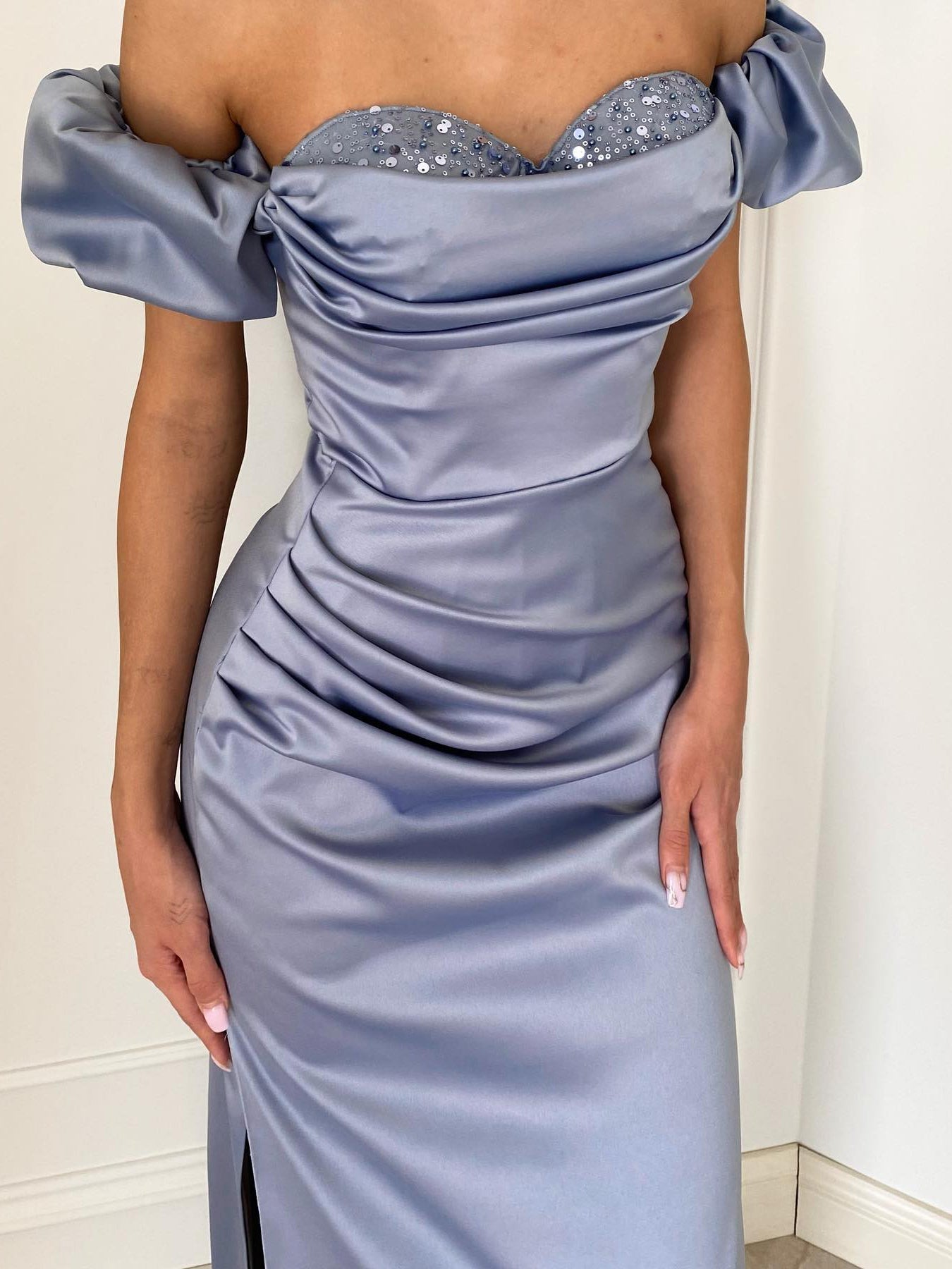 Off-the-Shoulder Floor-Length Sheath Dress with Side Split and Sequins