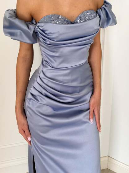 Off-the-Shoulder Floor-Length Sheath Dress with Side Split and Sequins