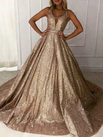 Sleeveless Long V-Neck A-Line Prom Dress with Sequins
