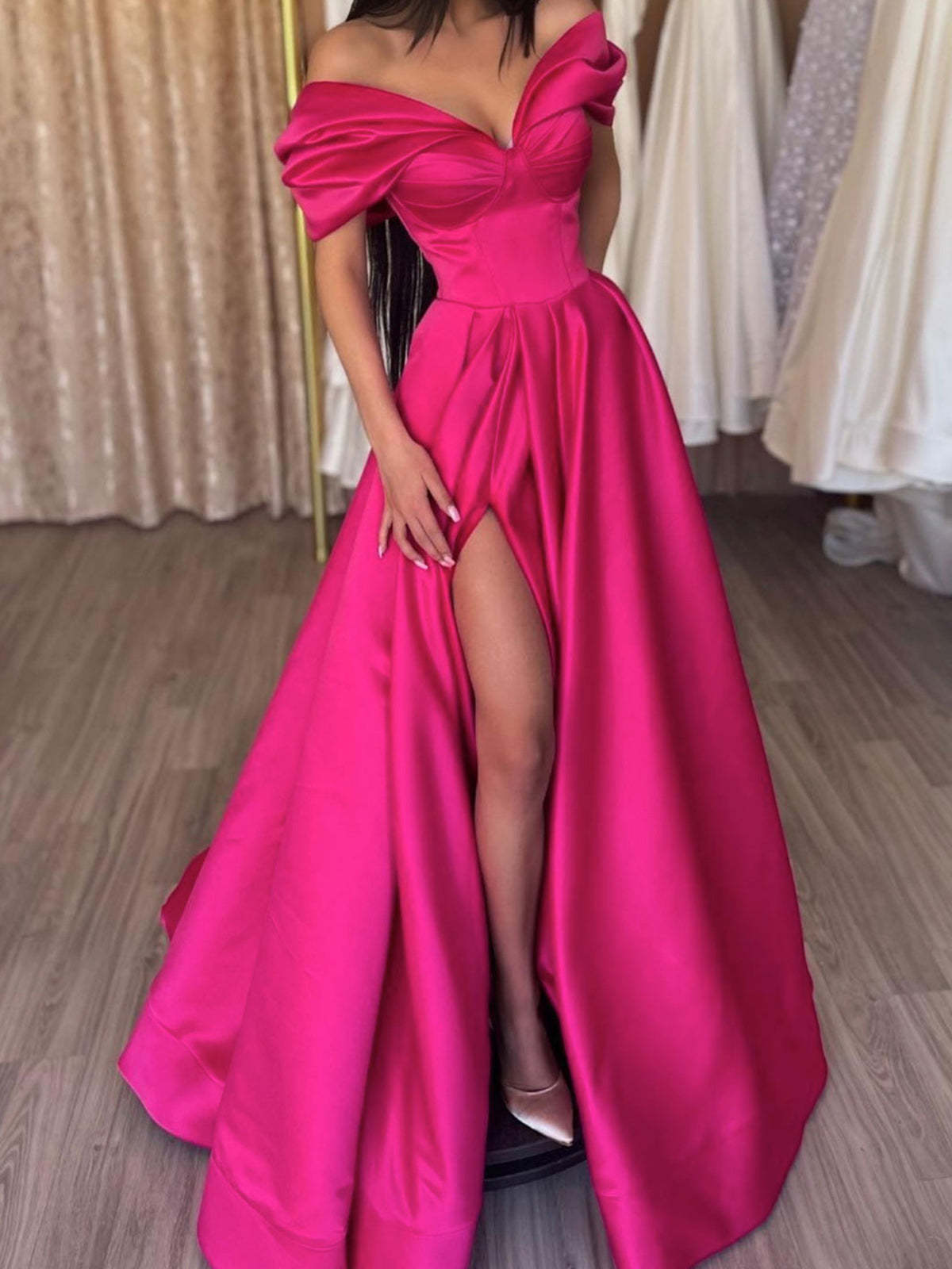 Long Off-the-Shoulder A-Line Prom Dresses With Side Split