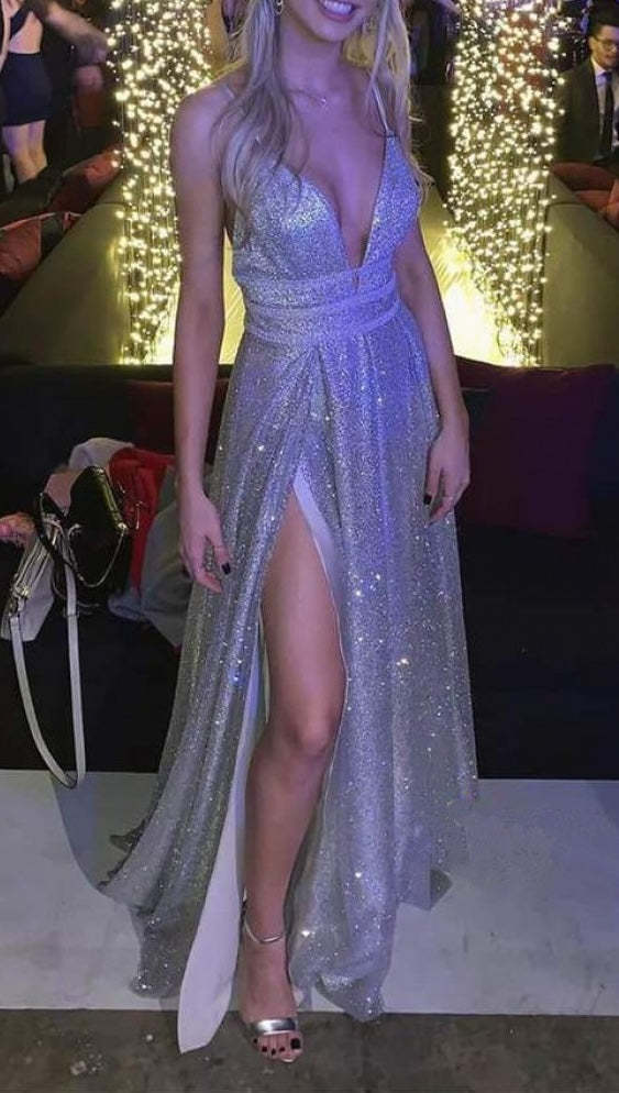 V-Neck A-Line Princess Prom Dress with Side Split and Sequins