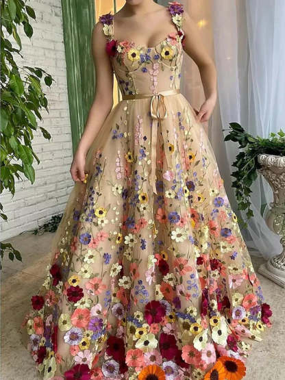 Sweetheart Princess A-Line Long Prom Dresses Featuring Embroidery