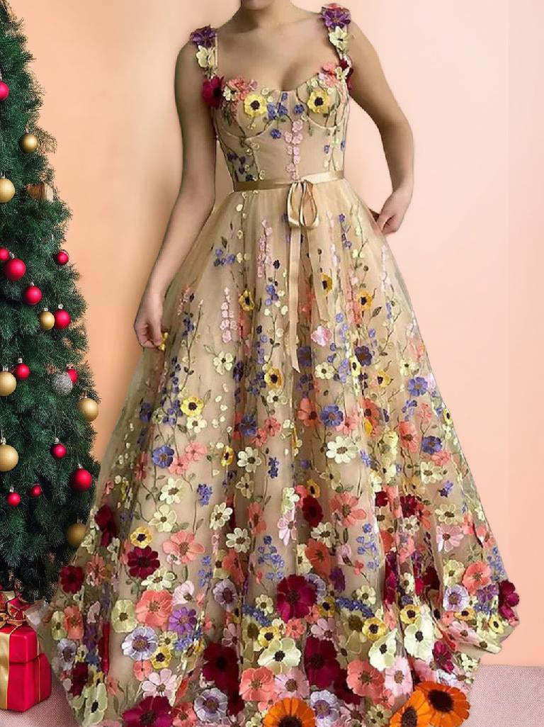 Sweetheart Princess A-Line Long Prom Dresses Featuring Embroidery