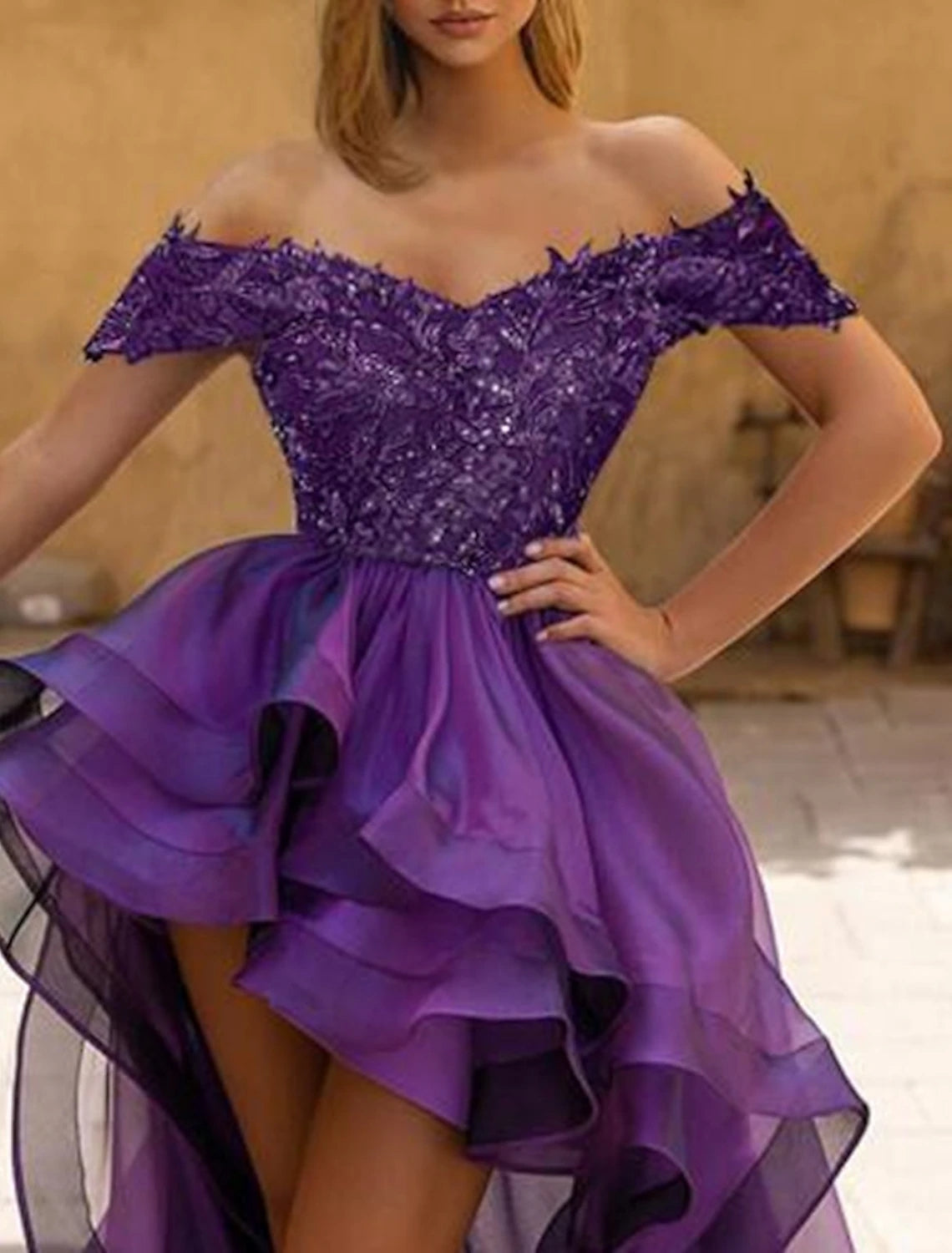 Asymmetrical Off-the-Shoulder Long Prom Ball Gown With Sequins