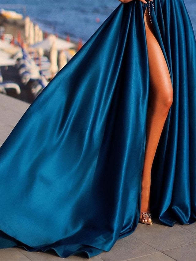 One-Shoulder Long A-Line Prom Dress with Floral Beading and Side Split