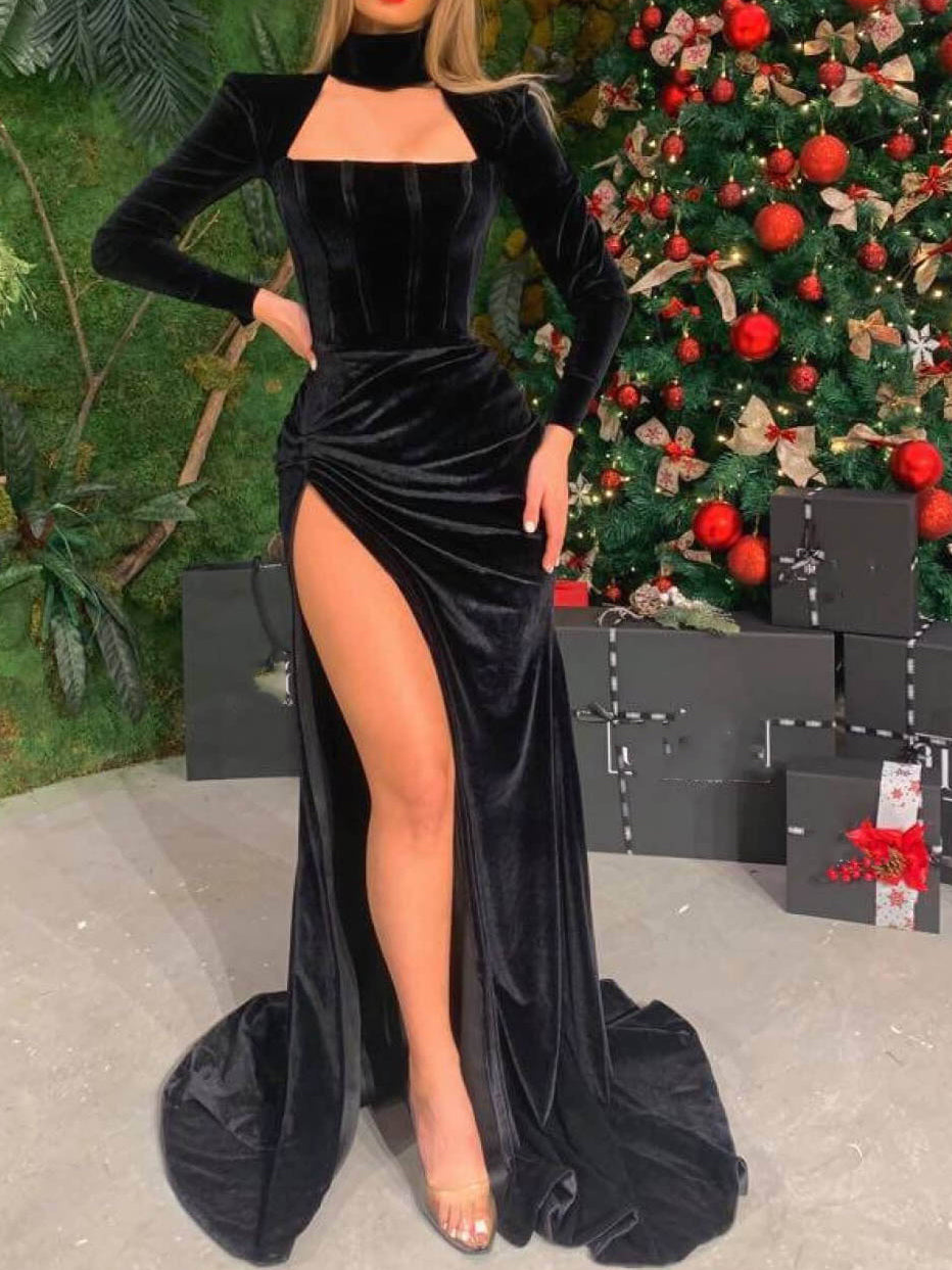 Long Sleeve Split-Side Sheath/Column Dress